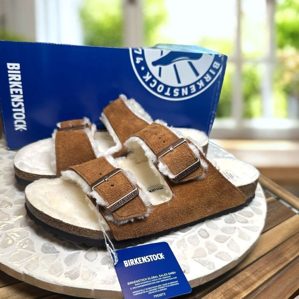 Birkenstock Arizona Shearling Mink Suede Leather Slip-On  Slides Sandals Unisex